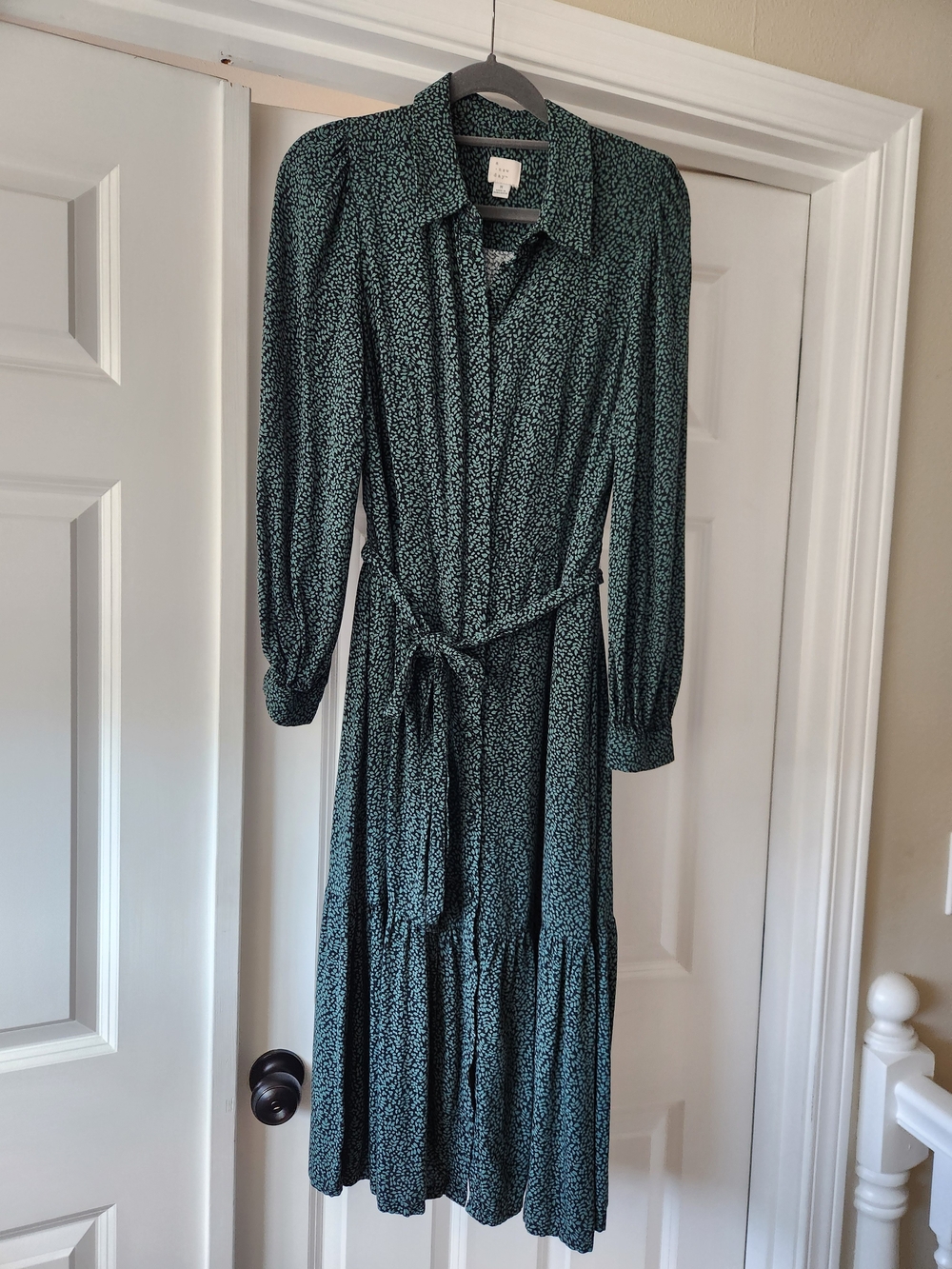a new day Dark Teal Printed Long Sleeve Shirt Dress with Tie Waist